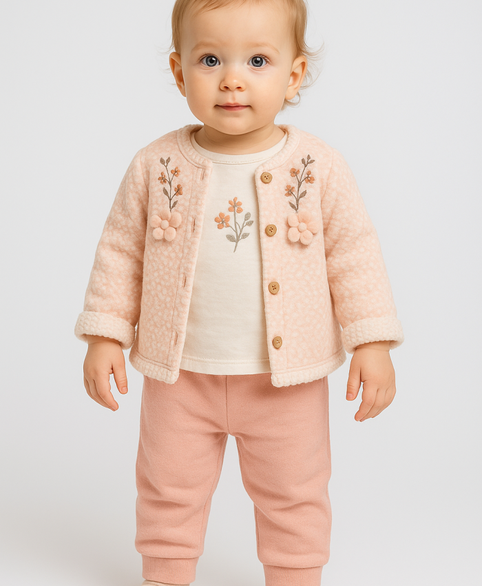 Kız Bebek çiçek nakışlı welsoft ceketli 3lü takım
