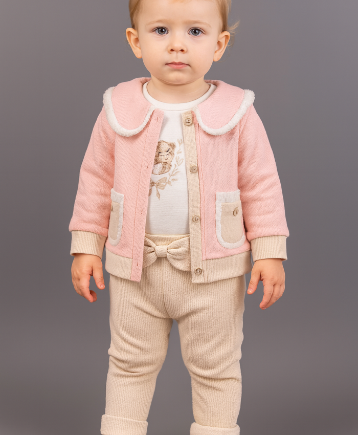 Kız Bebek wafle kumaş cep detaylı 3lü ceket takım