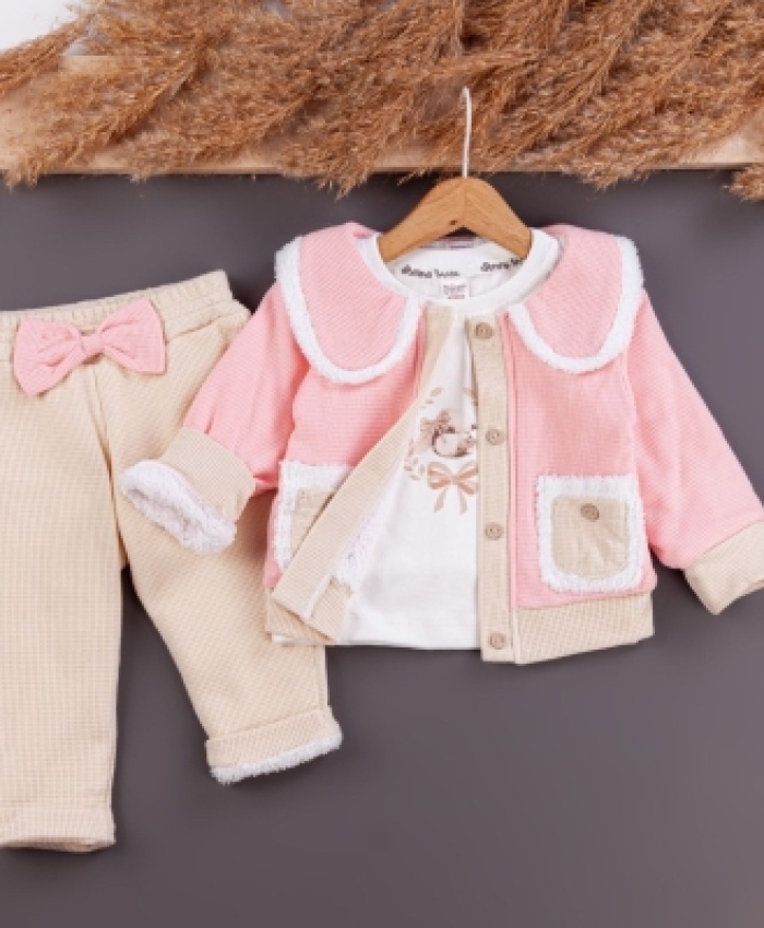 Kız Bebek wafle kumaş cep detaylı 3lü ceket takım