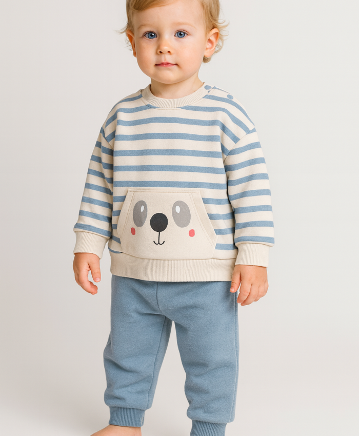 Erkek Çocuk çizgili - köpek yüz baskılı -iç kısmı şardonlu takım