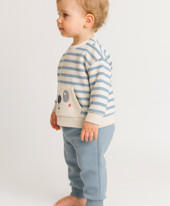 Erkek Çocuk çizgili - köpek yüz baskılı -iç kısmı şardonlu takım