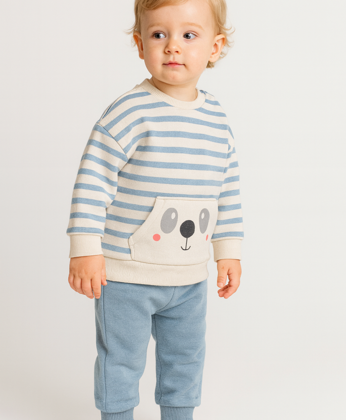 Erkek Çocuk çizgili - köpek yüz baskılı -iç kısmı şardonlu takım