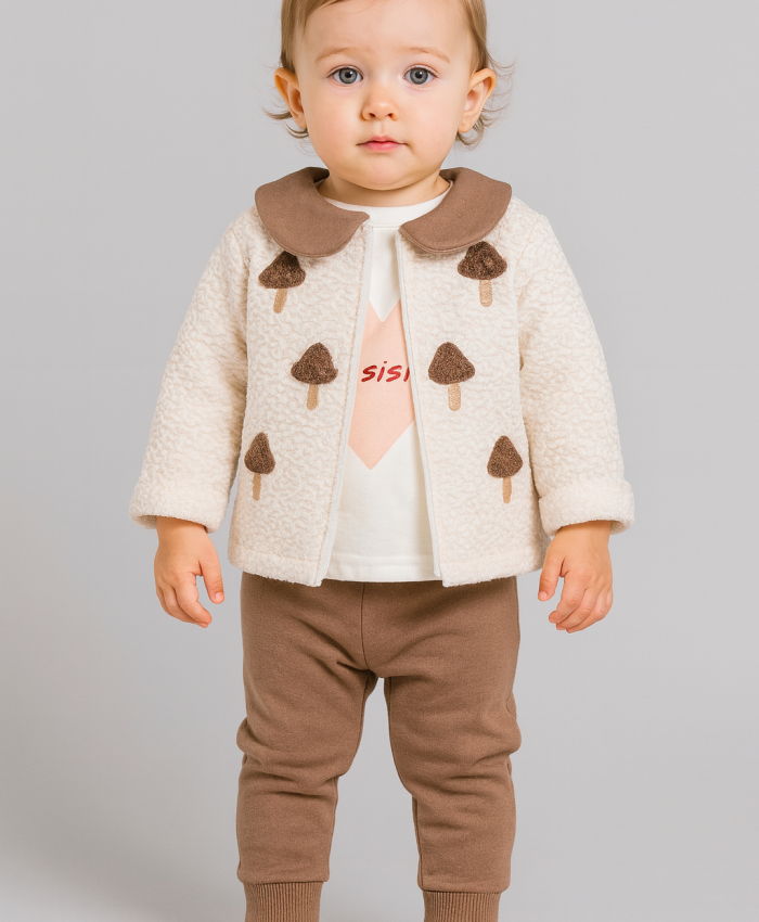 Kız Bebek mantar baskılı welsoft ceketli 3lü takım