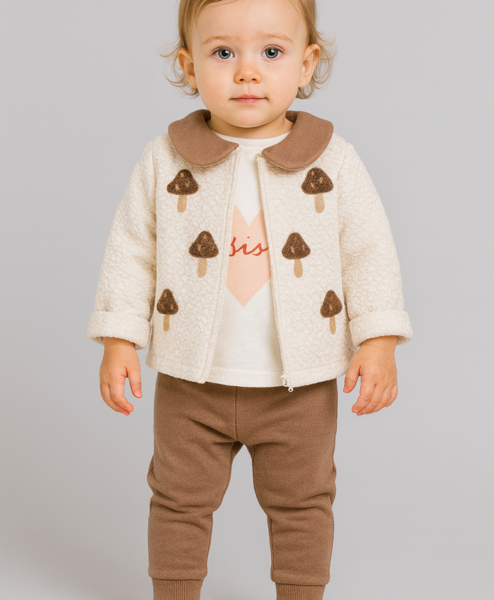 Kız Bebek mantar baskılı welsoft ceketli 3lü takım