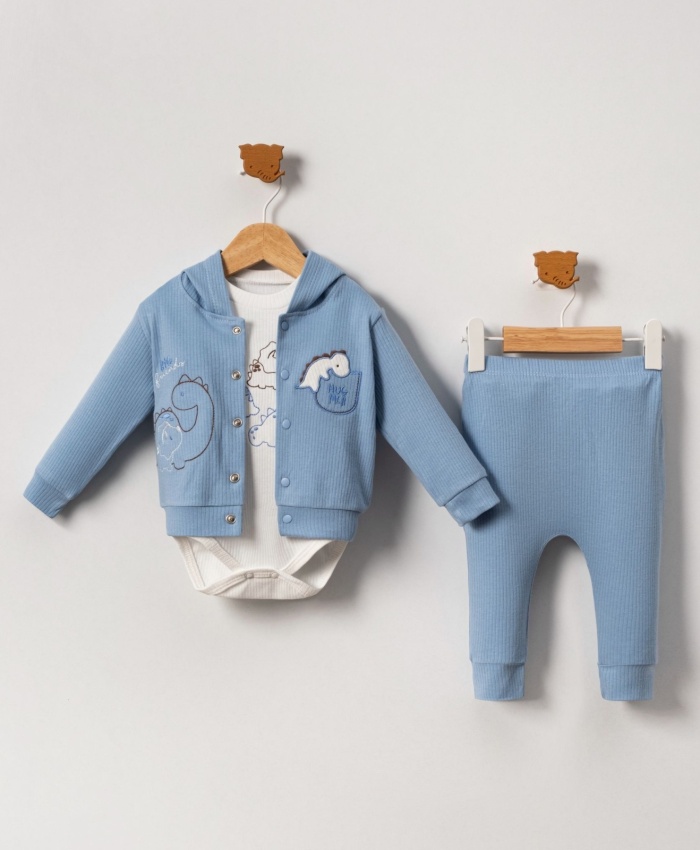 Erkek Bebek dinazor işlemeli kapşonlu zıbınlı 3lü takım