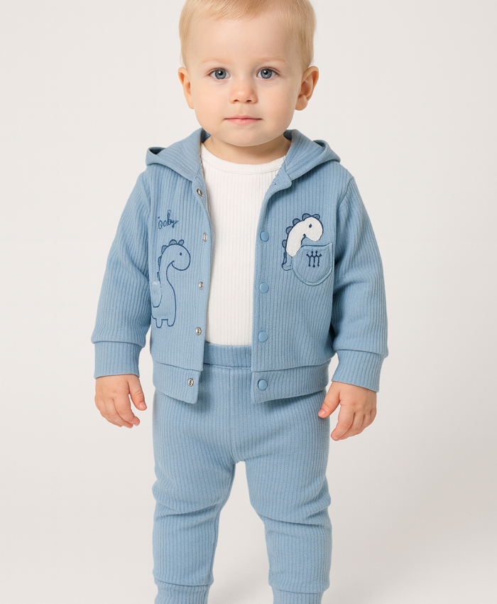 Erkek Bebek dinazor işlemeli kapşonlu zıbınlı 3lü takım