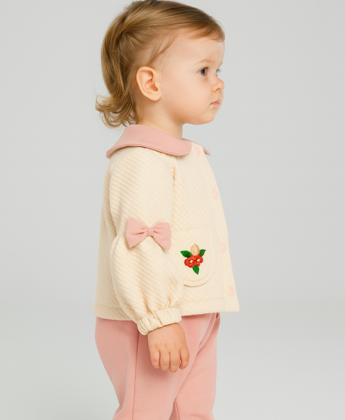 Kız Bebek bebe yaka yakası çiçek nakışlı kolları kurdelalı balon kol takım