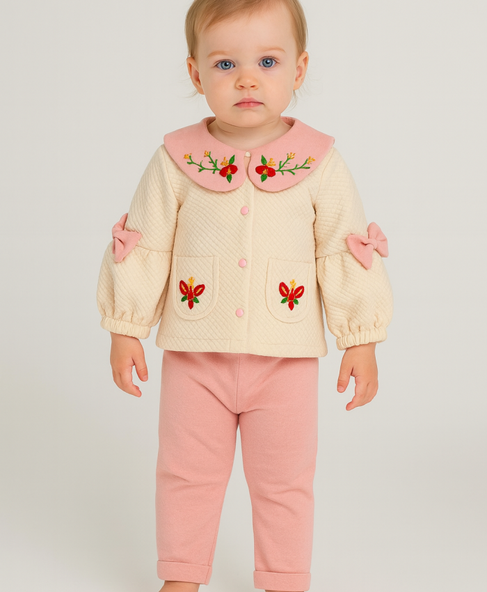 Kız Bebek bebe yaka yakası çiçek nakışlı kolları kurdelalı balon kol takım