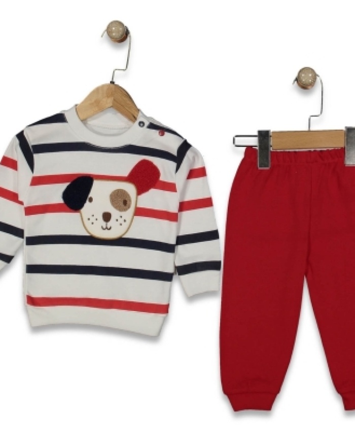 Erkek Bebek panda kafa baskılı çizgili alt üst takım