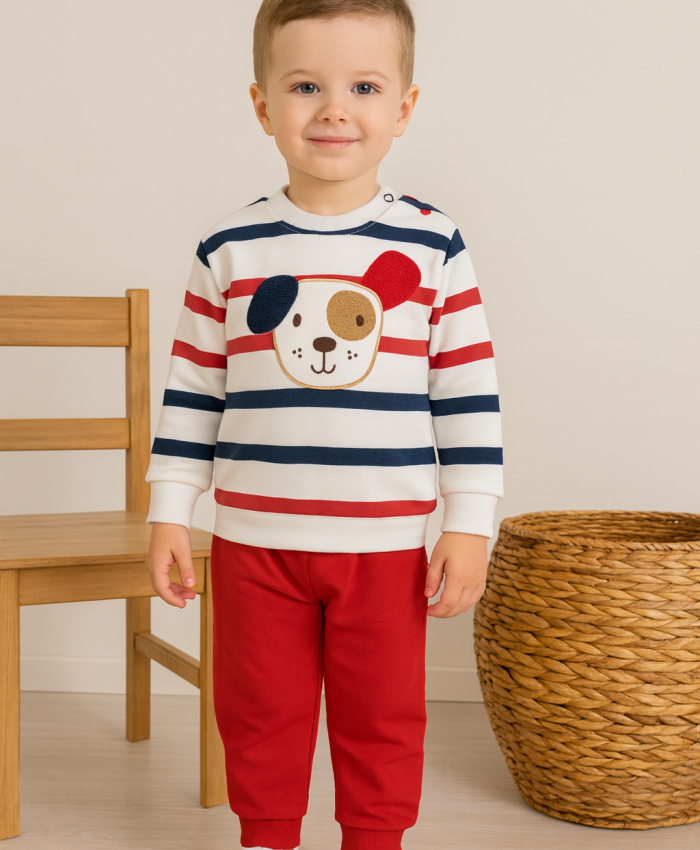 Erkek Bebek panda kafa baskılı çizgili alt üst takım