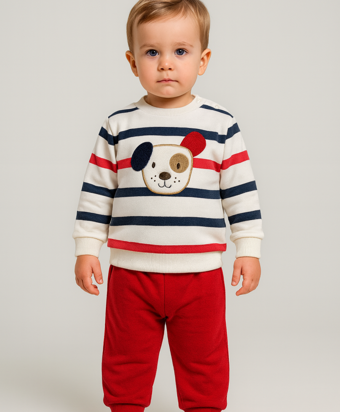 Erkek Bebek panda kafa baskılı çizgili alt üst takım