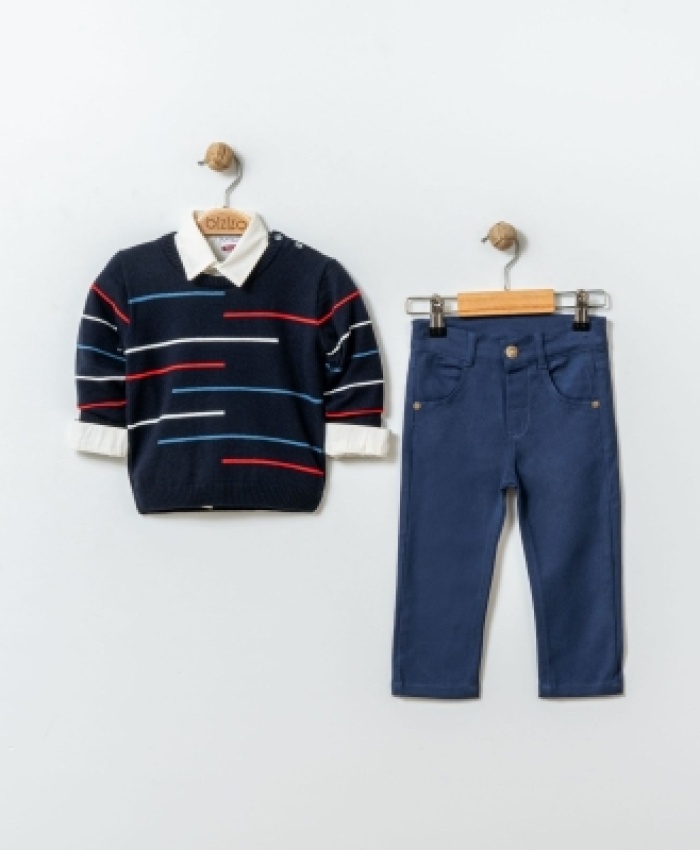 Erkek Çocuk çizgi desenli  kazak keten pantolonlu gmlekli 3lü takım