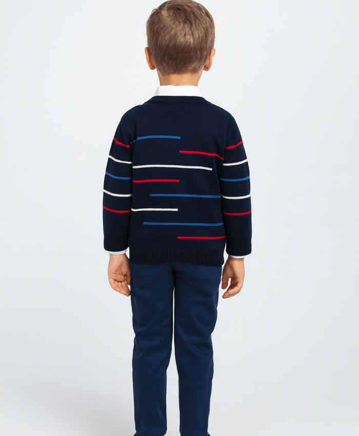 Erkek Çocuk çizgi desenli  kazak keten pantolonlu gmlekli 3lü takım