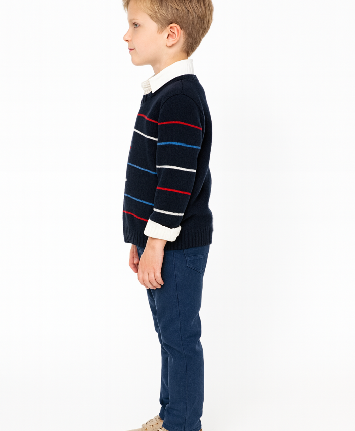 Erkek Çocuk çizgi desenli  kazak keten pantolonlu gmlekli 3lü takım