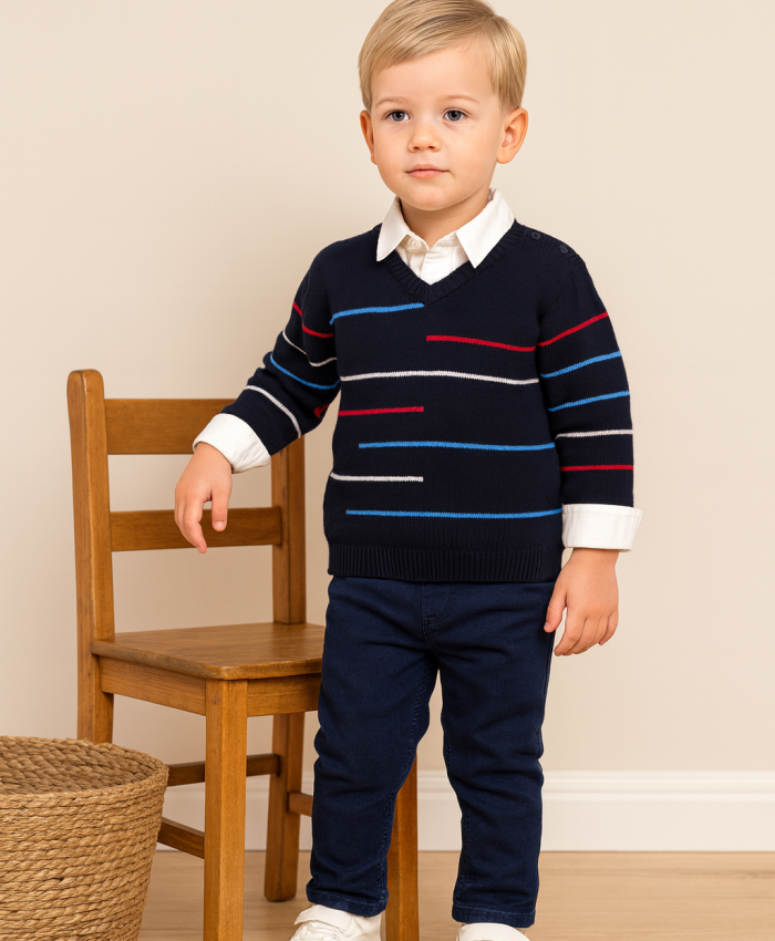 Erkek Çocuk çizgi desenli  kazak keten pantolonlu gmlekli 3lü takım