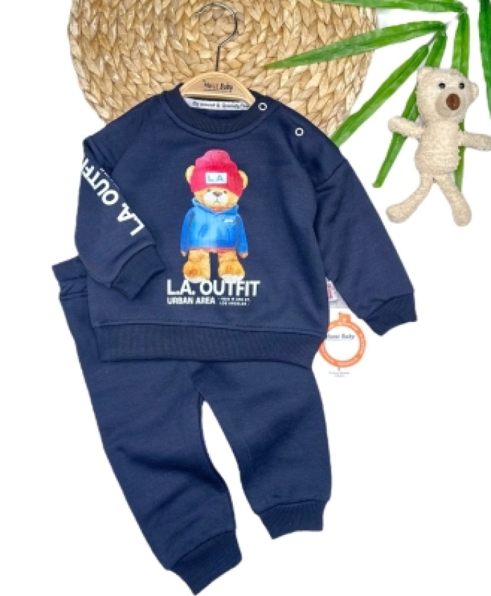 Erkek Bebek şapkalı ayıcık baskılı iç kısmı şardonlu takım