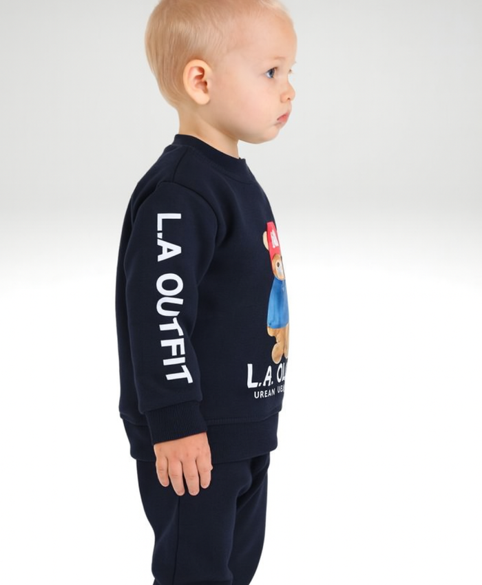 Erkek Bebek şapkalı ayıcık baskılı iç kısmı şardonlu takım