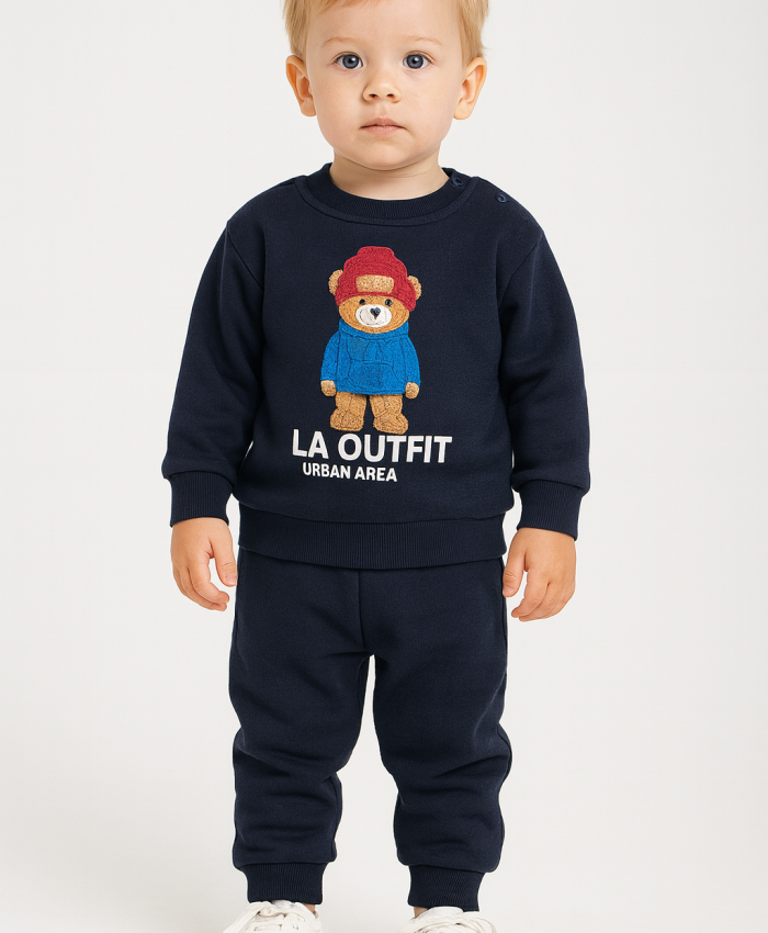 Erkek Bebek şapkalı ayıcık baskılı iç kısmı şardonlu takım