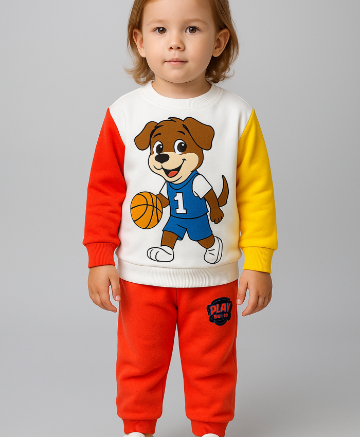 Erkek Bebek paw petrol baskılı uzun kollu pamuklu takım