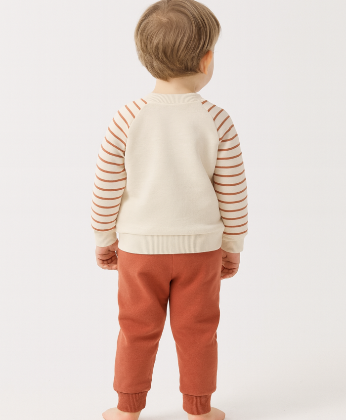 Erkek Bebek çizgili köpek kafa işlemeli uzun kollu takım