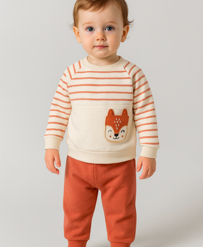 Erkek Bebek çizgili köpek kafa işlemeli uzun kollu takım