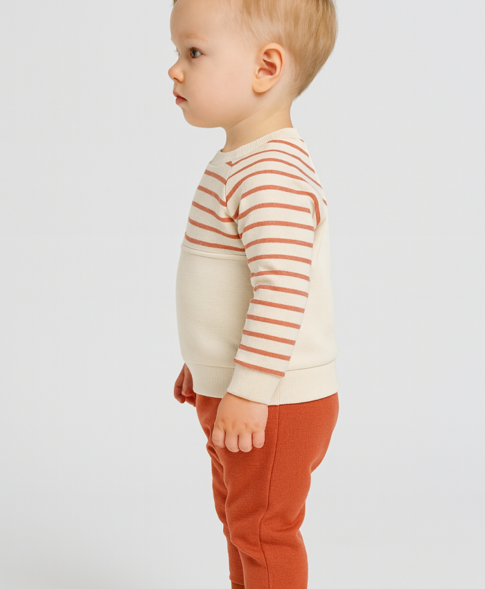 Erkek Bebek çizgili köpek kafa işlemeli uzun kollu takım