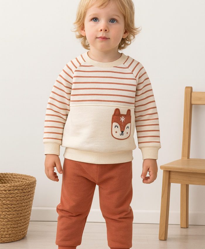 Erkek Bebek çizgili köpek kafa işlemeli uzun kollu takım