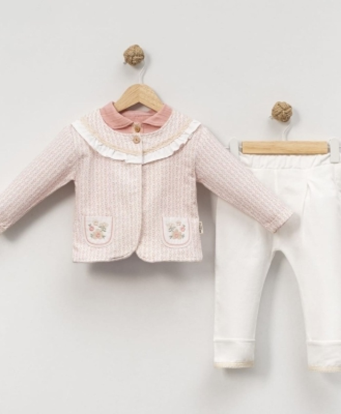 Kız Bebek çiçek cep detaylı ceket-gömlek pantolon takım