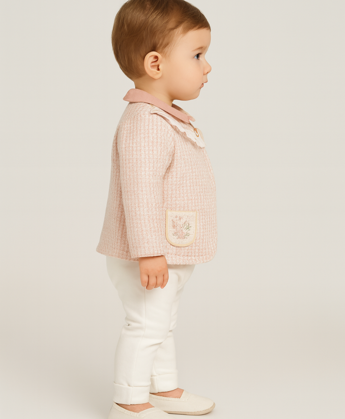 Kız Bebek çiçek cep detaylı ceket-gömlek pantolon takım