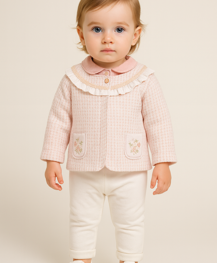 Kız Bebek çiçek cep detaylı ceket-gömlek pantolon takım