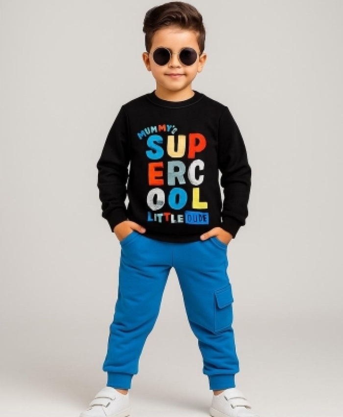 Erkek Çocuk supercool yazılı uzun kollu siyah renk eşofman takım