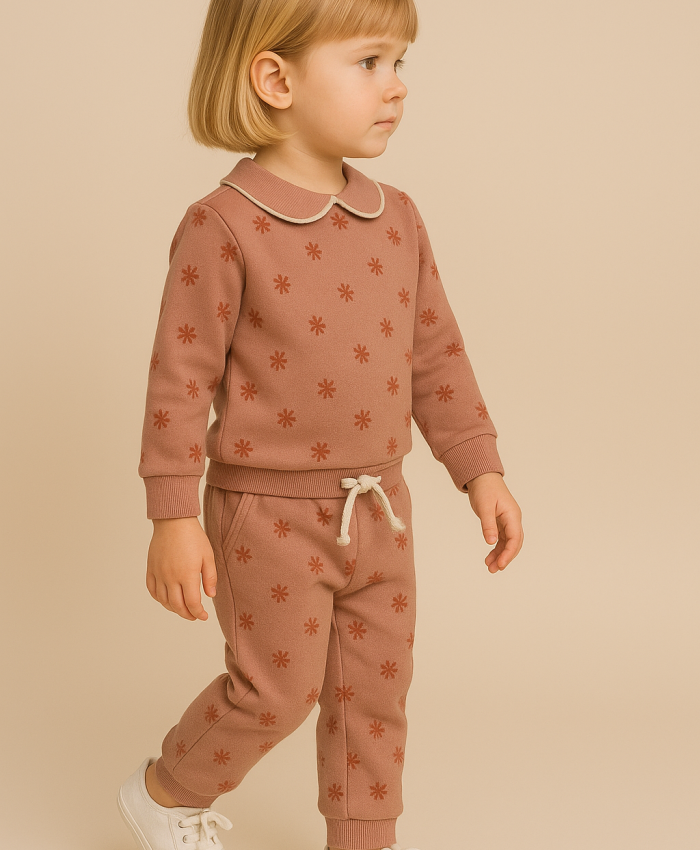 Kız Çocuk çiçek desenli bebe yakaılı uzun kollu takım