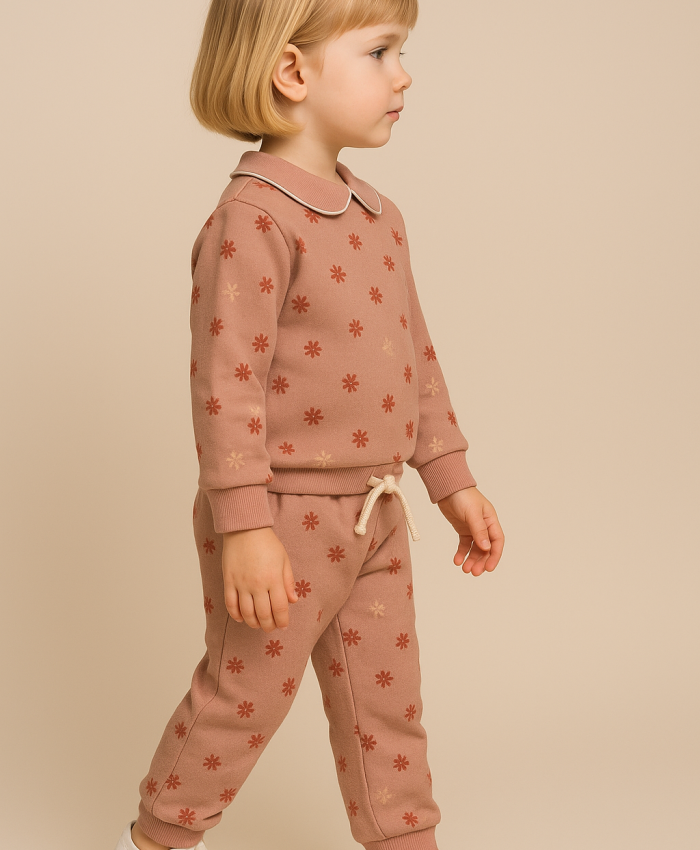 Kız Çocuk çiçek desenli bebe yakaılı uzun kollu takım