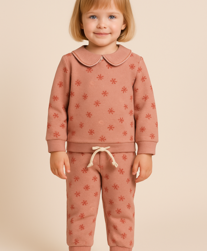 Kız Çocuk çiçek desenli bebe yakaılı uzun kollu takım