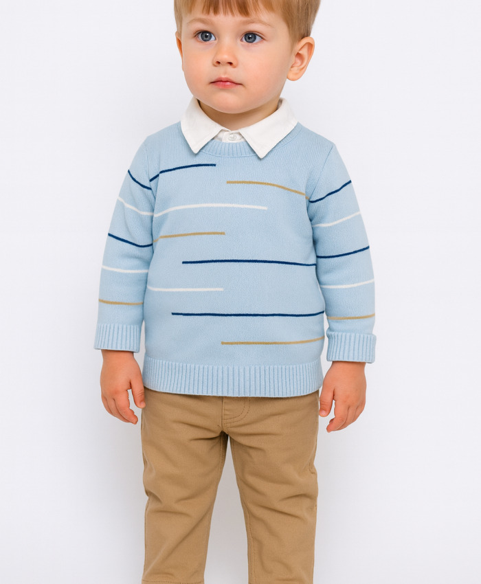 Erkek Çocuk çizgi detaylı kazak-gömlek pantolonlu takım