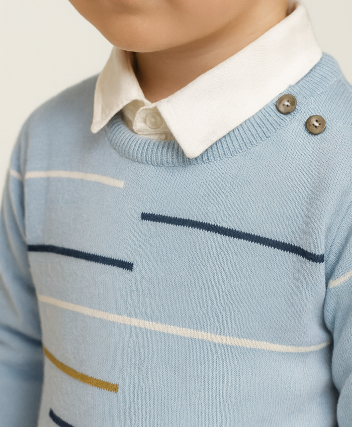 Erkek Çocuk çizgi detaylı kazak-gömlek pantolonlu takım