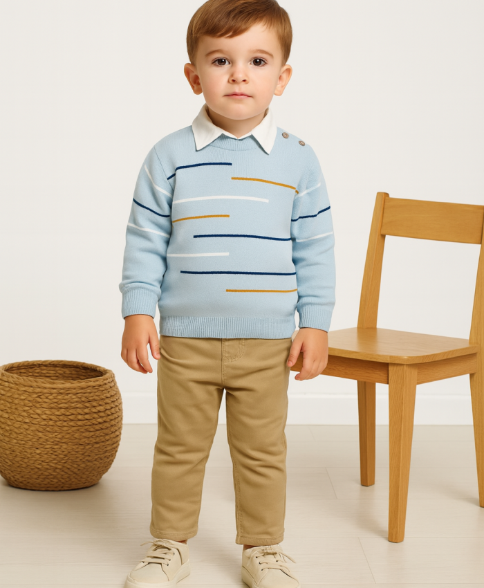 Erkek Çocuk çizgi detaylı kazak-gömlek pantolonlu takım