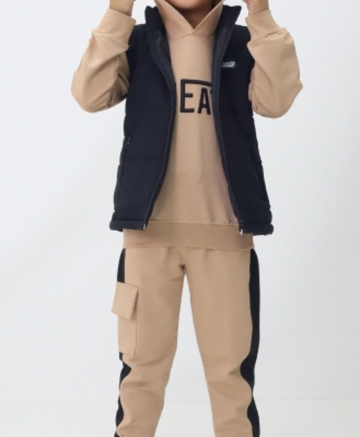 Erkek çocuk kapitone siyah yelekli-kapşonlu sweatshirt-eşofman takım