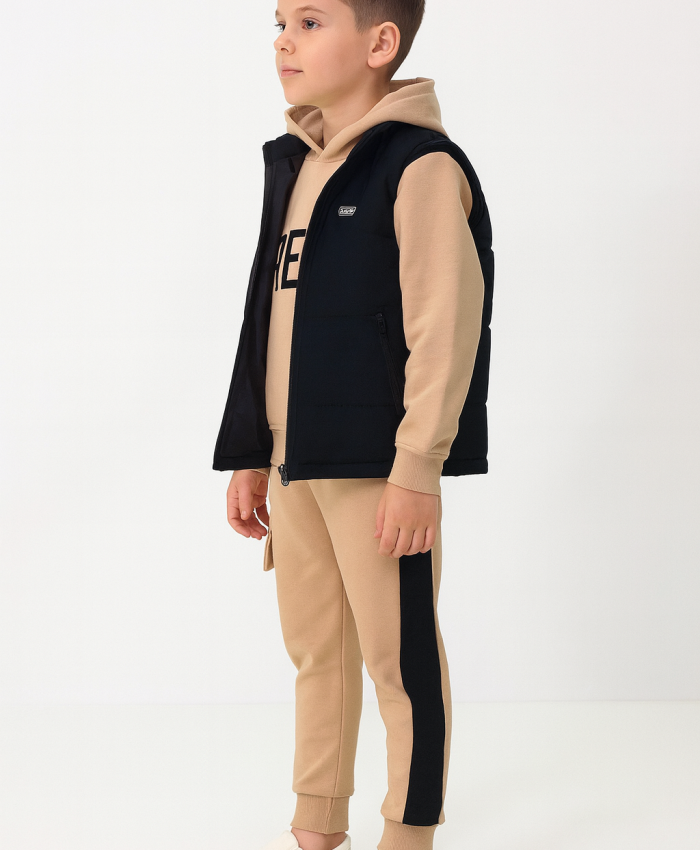 Erkek çocuk kapitone siyah yelekli-kapşonlu sweatshirt-eşofman takım