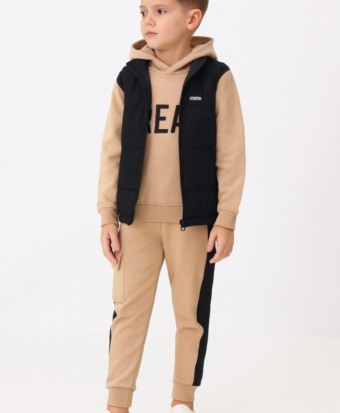 Erkek çocuk kapitone siyah yelekli-kapşonlu sweatshirt-eşofman takım