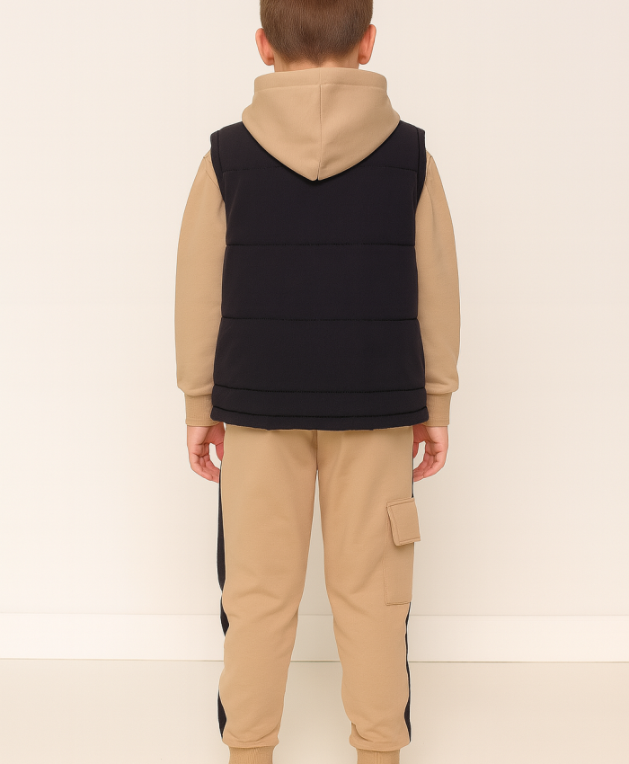 Erkek çocuk kapitone siyah yelekli-kapşonlu sweatshirt-eşofman takım