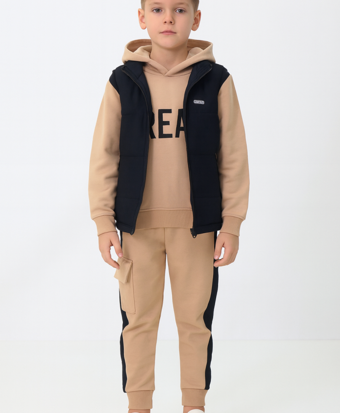 Erkek çocuk kapitone siyah yelekli-kapşonlu sweatshirt-eşofman takım