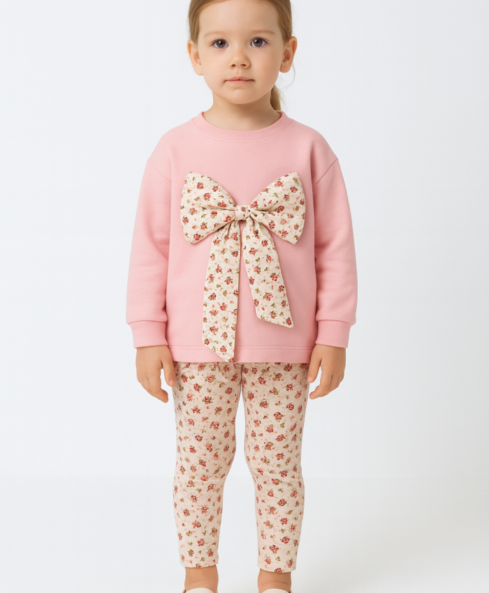 Kız Çocuk çiçekli fiyonk detaylı uzun kollu pamuklu tayt takım