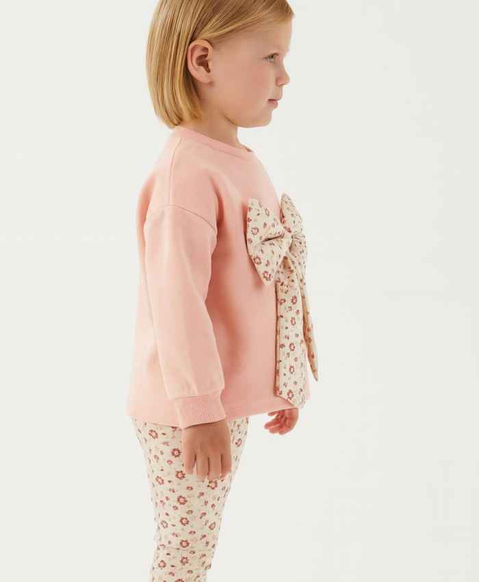 Kız Çocuk çiçekli fiyonk detaylı uzun kollu pamuklu tayt takım