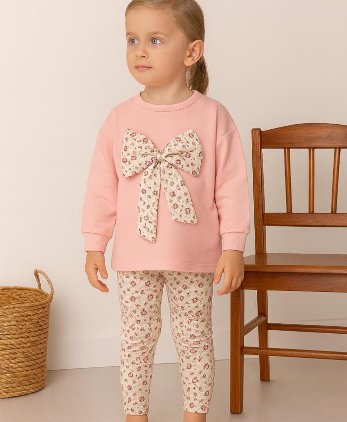 Kız Çocuk çiçekli fiyonk detaylı uzun kollu pamuklu tayt takım