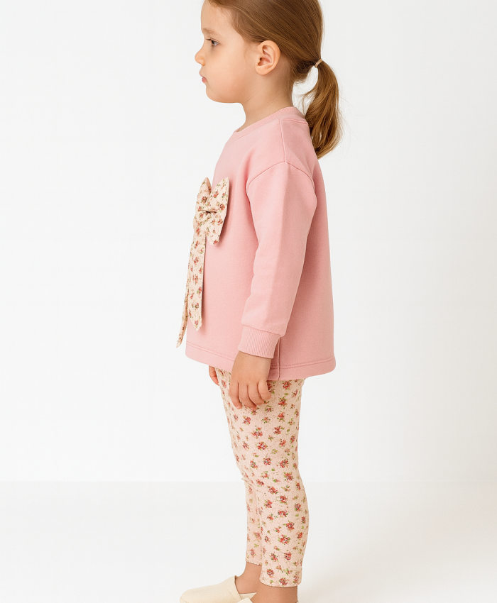 Kız Çocuk çiçekli fiyonk detaylı uzun kollu pamuklu tayt takım
