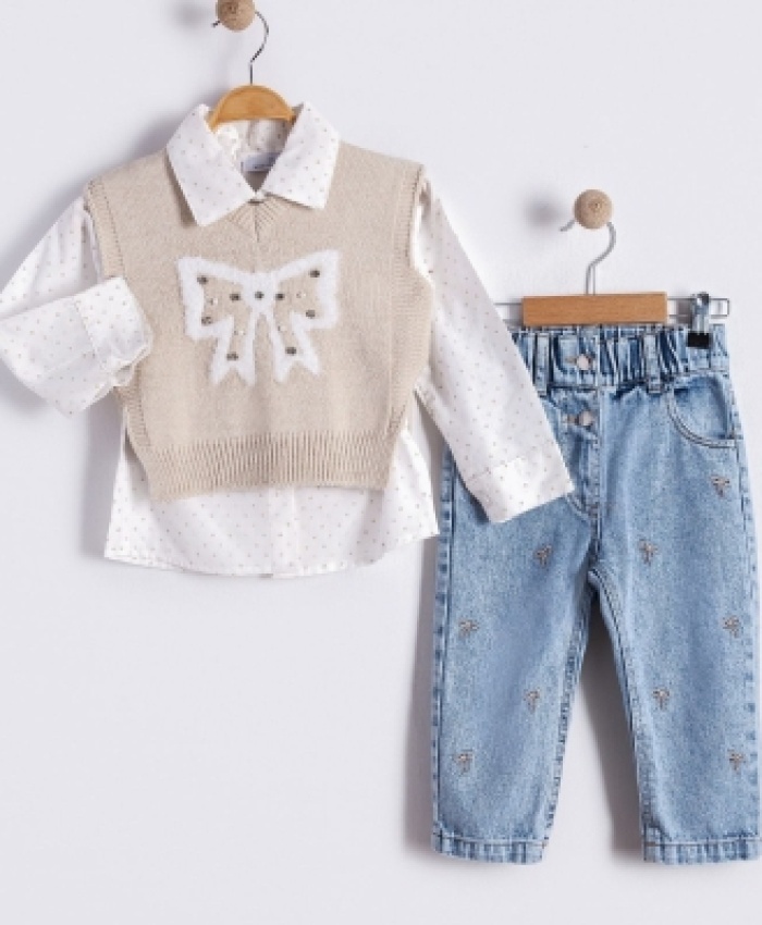 Kız Çocuk taş işlemeli triko süveter-gömlek-fiyonk desenli kot pantolon takım
