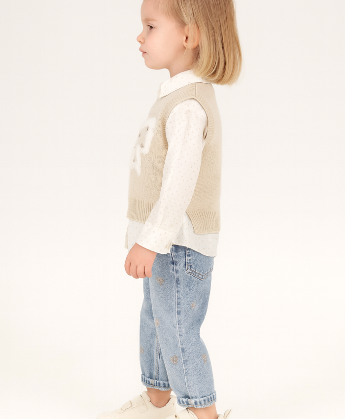 Kız Çocuk taş işlemeli triko süveter-gömlek-fiyonk desenli kot pantolon takım