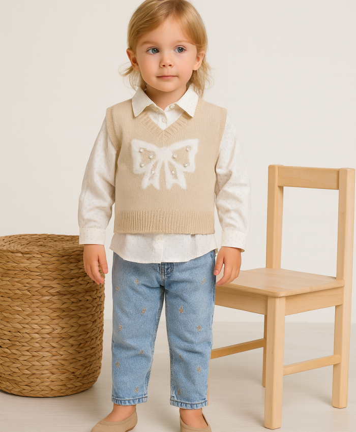 Kız Çocuk taş işlemeli triko süveter-gömlek-fiyonk desenli kot pantolon takım