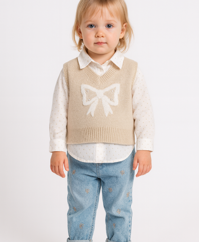 Kız Çocuk taş işlemeli triko süveter-gömlek-fiyonk desenli kot pantolon takım